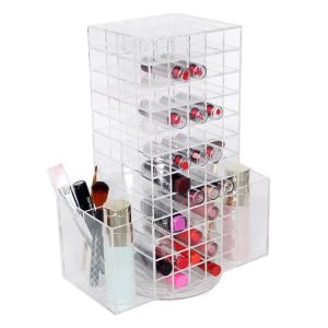 acrylic rotating organizer lipstick tower with side holder