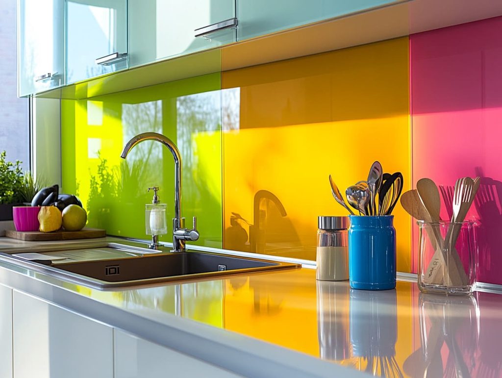 A modern kitchen featuring glossy acrylic cabinet doors and a vibrant acrylic backsplash-7