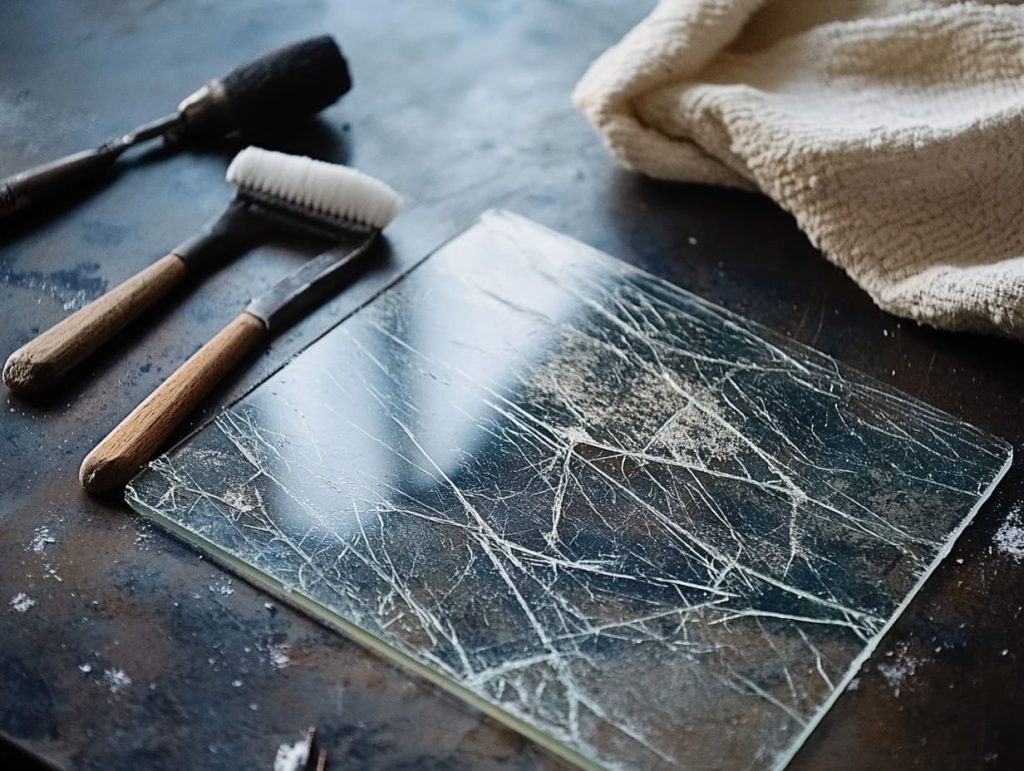 A scratched acrylic panel lying on a tabletop-4