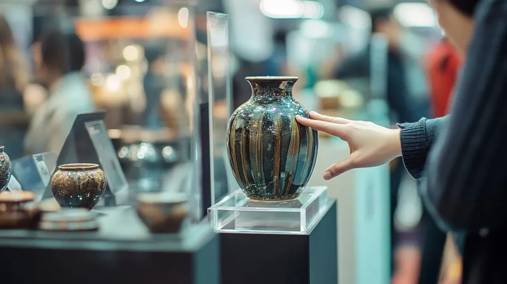 An acrylic stand holding a heavy decorative vase in a busy exhibition booth-3