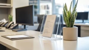 An organized office desk featuring an acrylic stand
