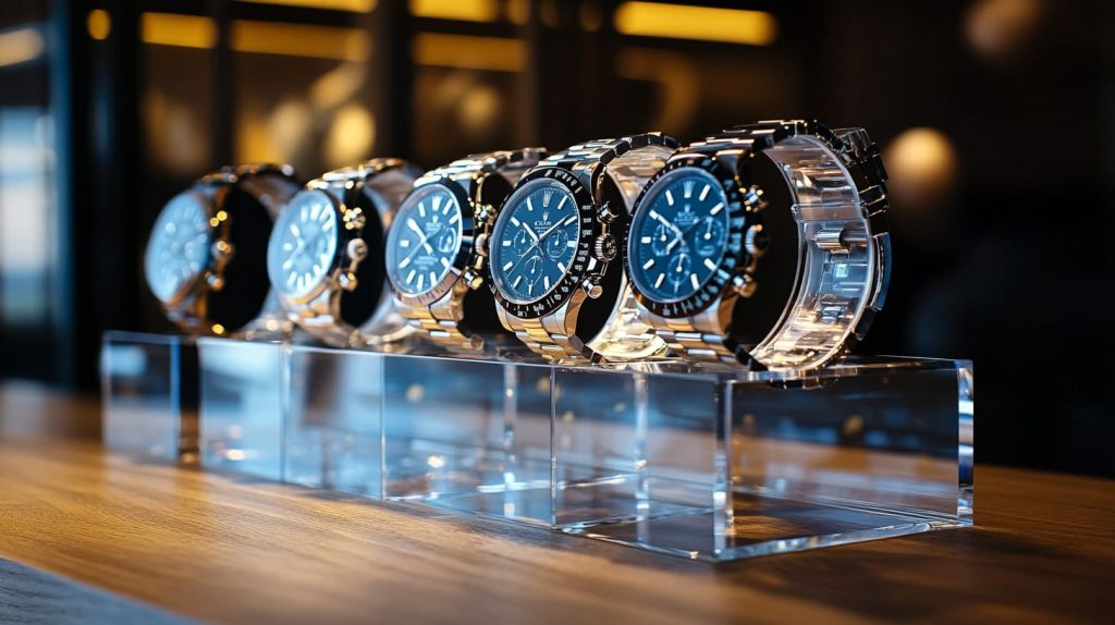 acrylic display stand showcasing a set of neatly arranged luxury watches-1