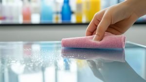 cleaning an acrylic panel with a soft, lint-free cloth