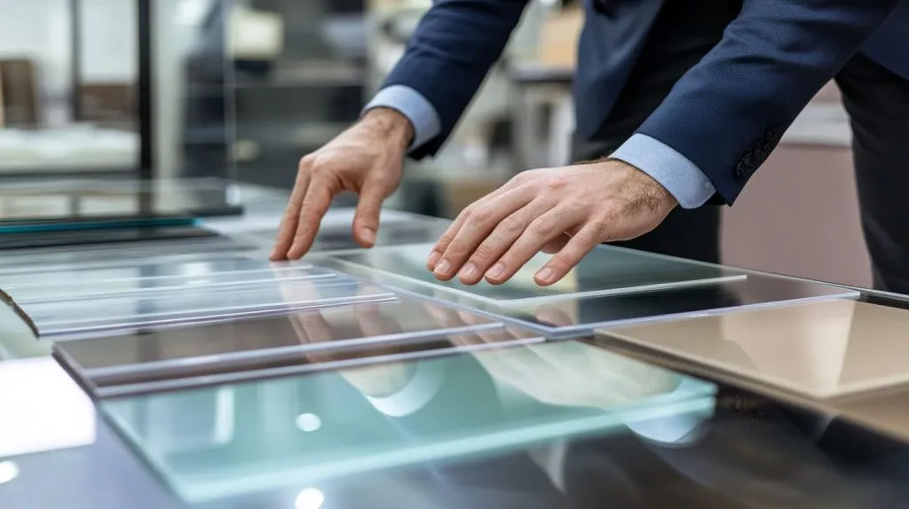 A buyer examining acrylic samples in a showroom-3
