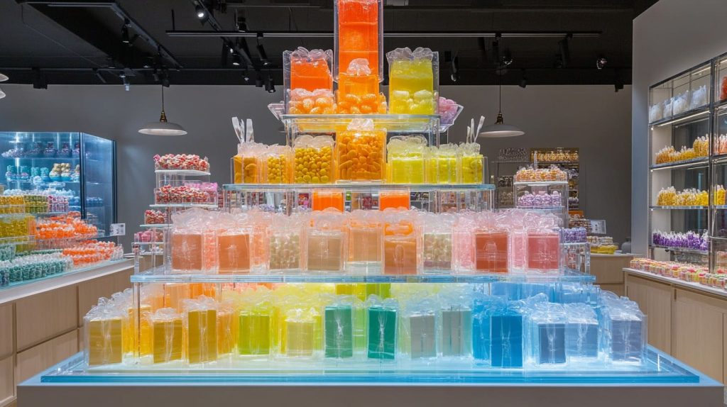 A candy display arranged with multiple levels and bright lighting-4