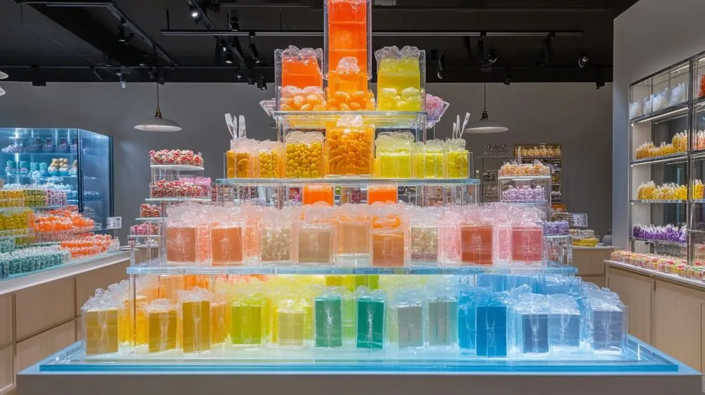A candy display arranged with multiple levels and bright lighting-4