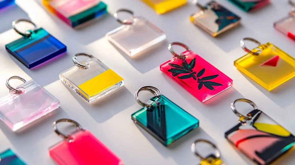 A close-up of acrylic keychains sparkling in light-1