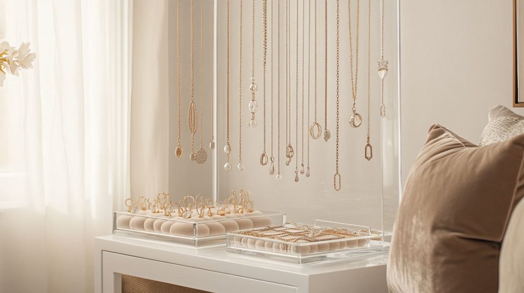 A collection of necklaces hanging individually on a custom acrylic organizer-4