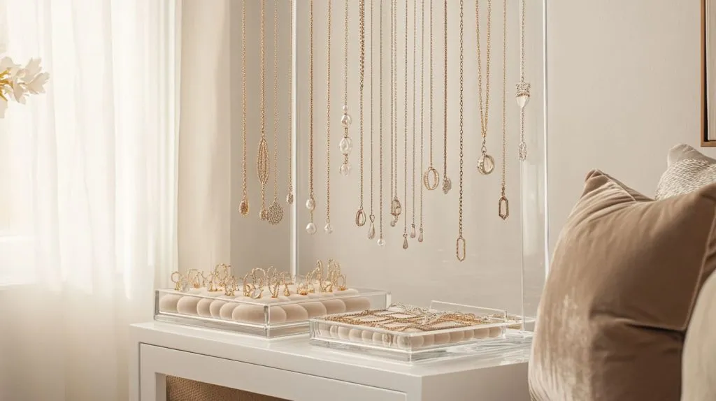 A collection of necklaces hanging individually on a custom acrylic organizer-4