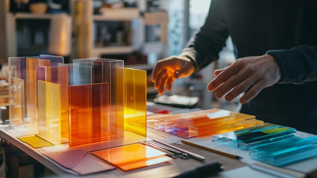 A designer reviewing acrylic display samples-1