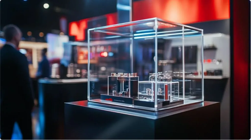 A lockable acrylic display case on a tradeshow booth table-5