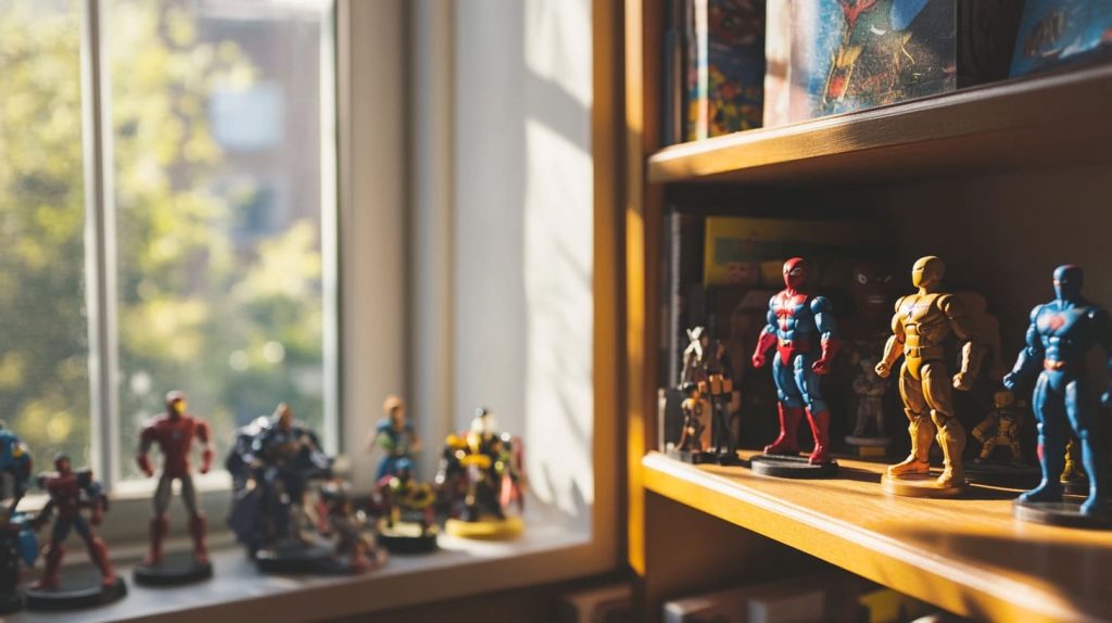 A small shelf by the window with faded figures-3