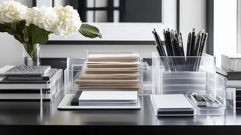 A tidy office desk with acrylic file holders-7
