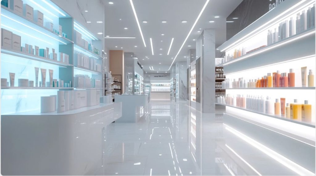 A well-lit store aisle with an elegant product display-2