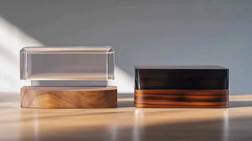 Acrylic and wooden display stands side by side in a showroom.-1