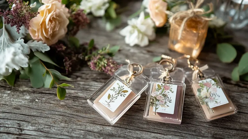 Acrylic keychains as wedding favors on a table-7