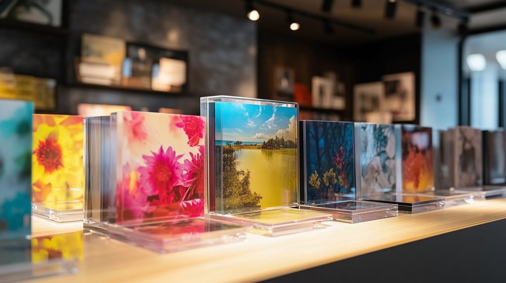 Acrylic photo blocks arranged on a retail counter-4