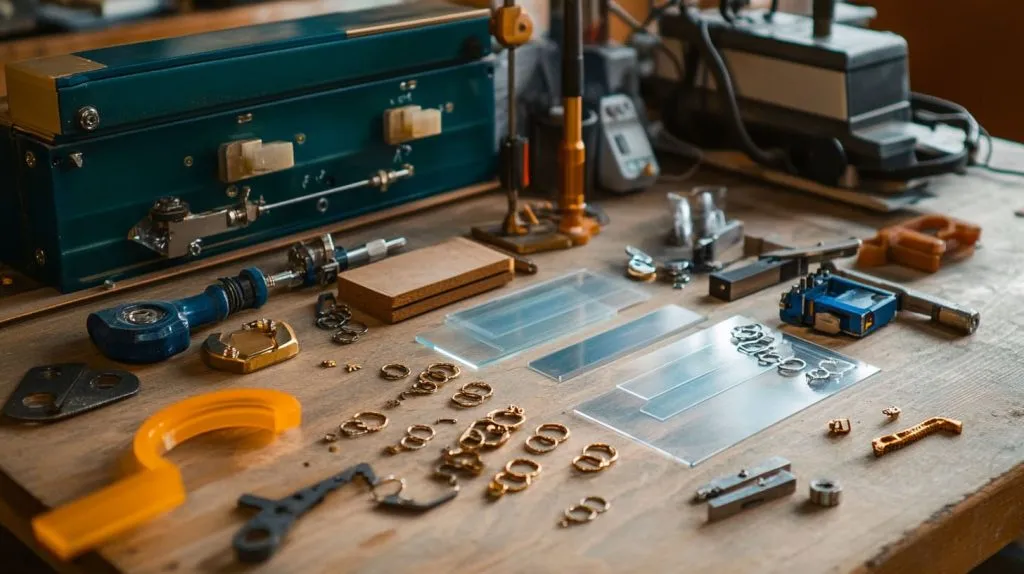 Acrylic sheets, keychain rings, and tools on a table-2