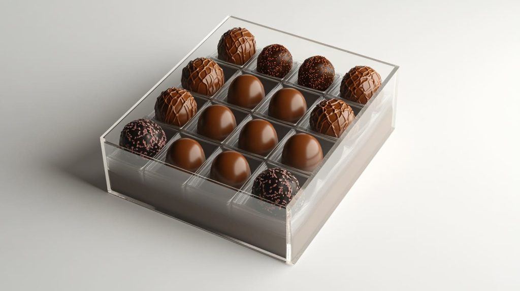 Polished acrylic box showcasing handmade chocolates-3