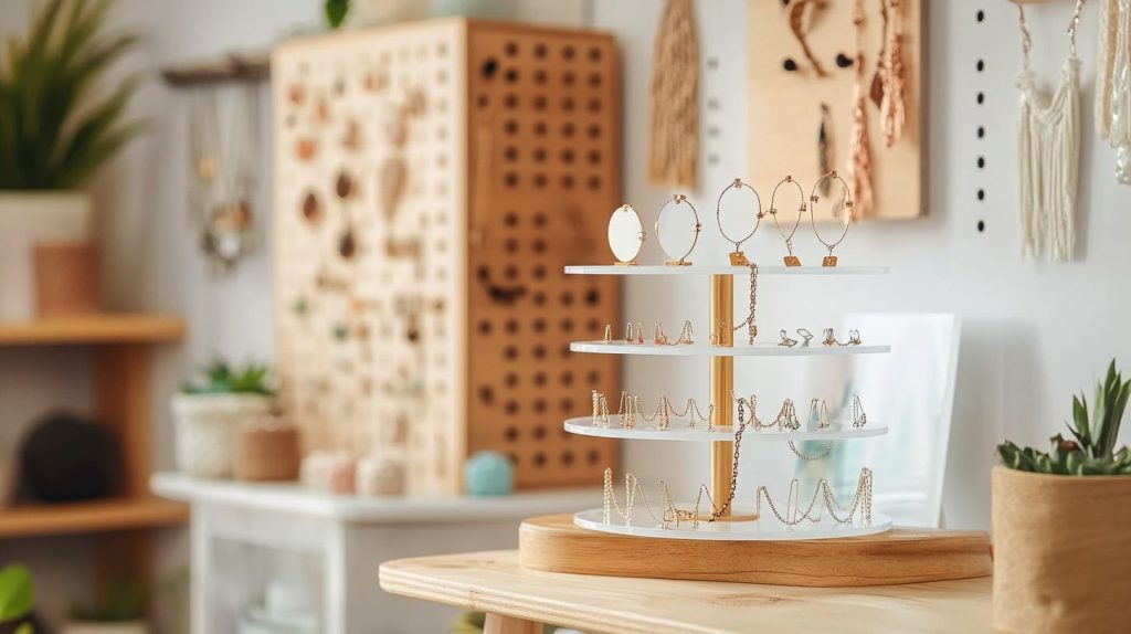 jewelry display setup featuring a multi-tiered acrylic stand on a small wooden shelf-5
