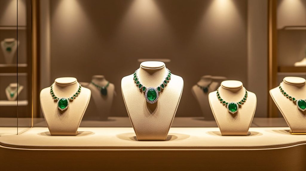 jewelry display setup with a warm beige backdrop and a spotlight illuminating emerald necklaces-3
