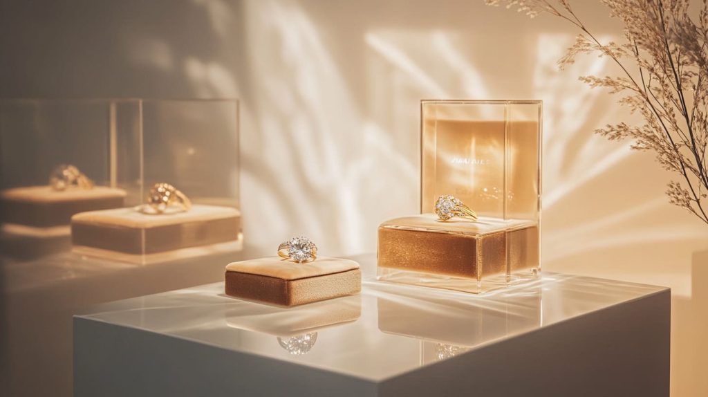 jewelry display setup with a warm beige backdrop and a spotlight illuminating emerald necklaces-3