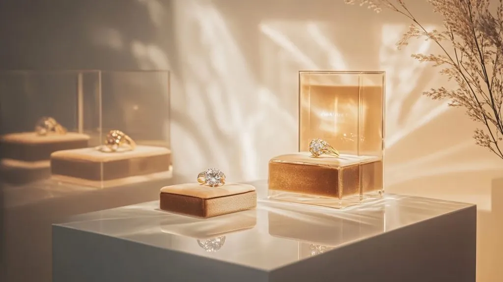 jewelry display setup with a warm beige backdrop and a spotlight illuminating emerald necklaces-3