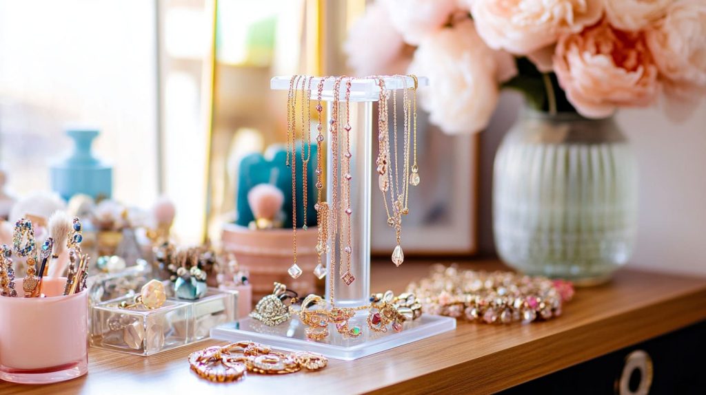 jewelry station on a wooden vanity table-1