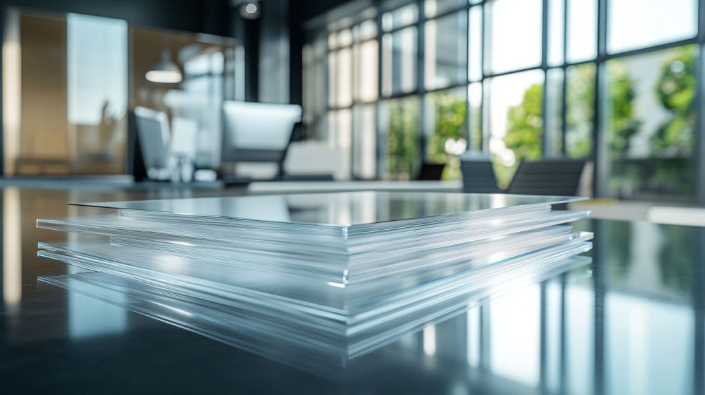 modern office workspace with a table showcasing clear PMMA acrylic sheets-1