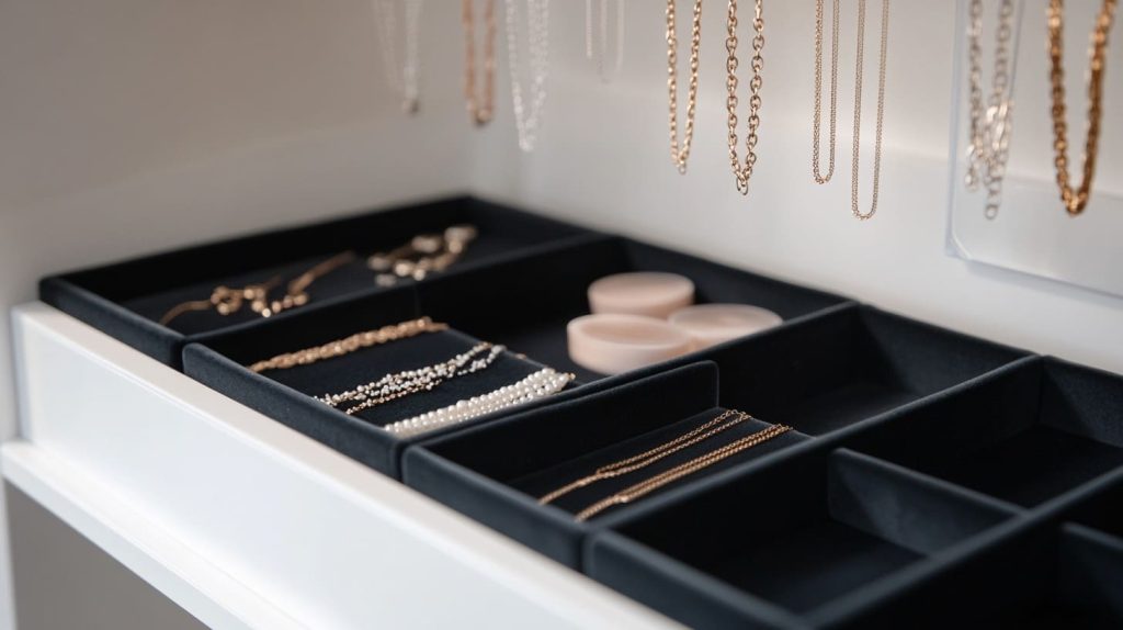 modern storage box with separate velvet-lined compartments holding various necklaces-2