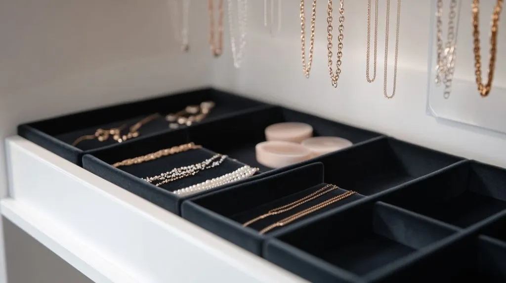 modern storage box with separate velvet-lined compartments holding various necklaces-2