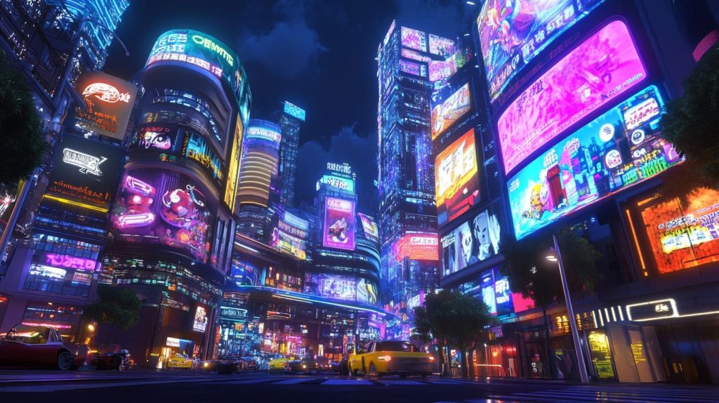A bustling street with glowing LED screens.-1