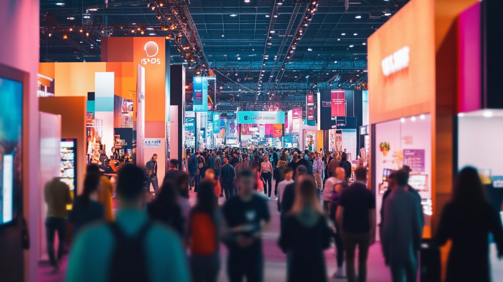 A busy trade show aisle with booths-4