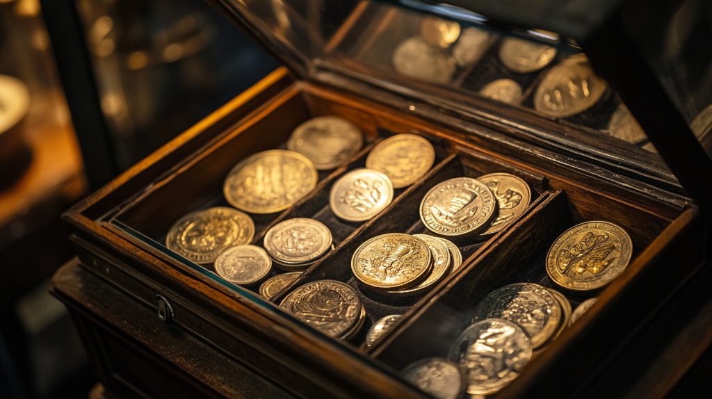 A glass display box with antique coins-3
