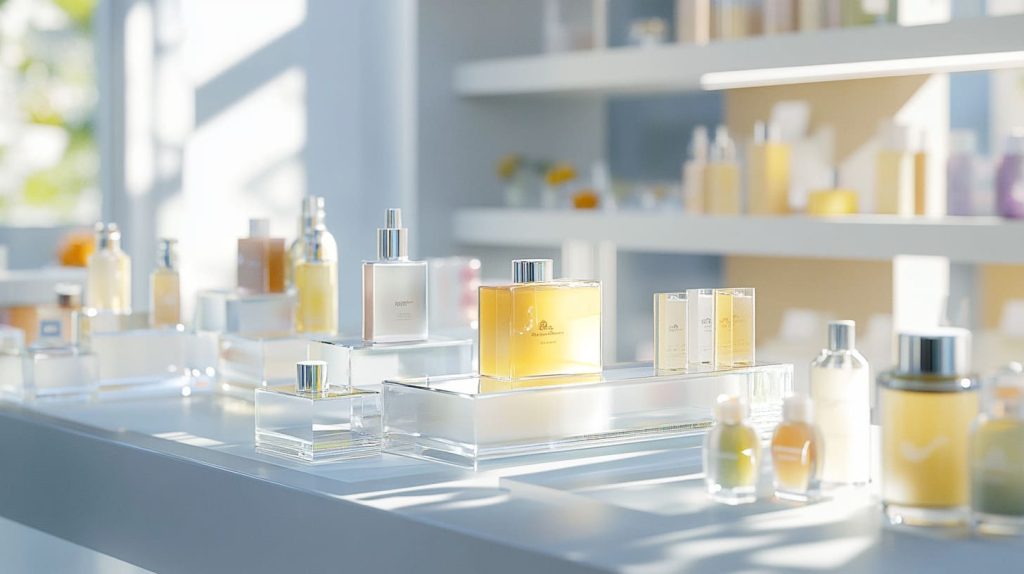 A sleek retail store shelf featuring acrylic display stands-1