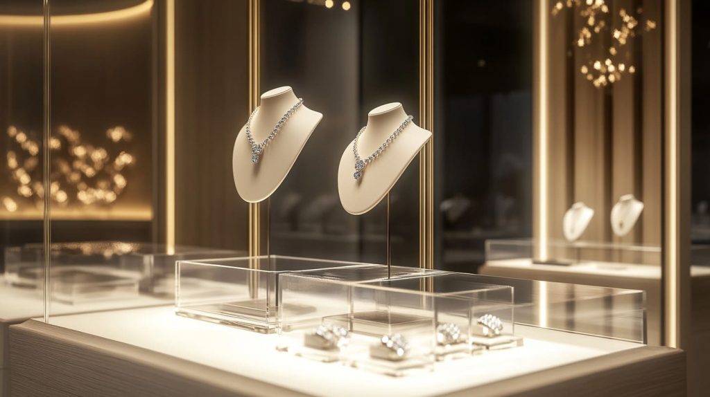 Acrylic display stand showcasing jewelry in retail-1