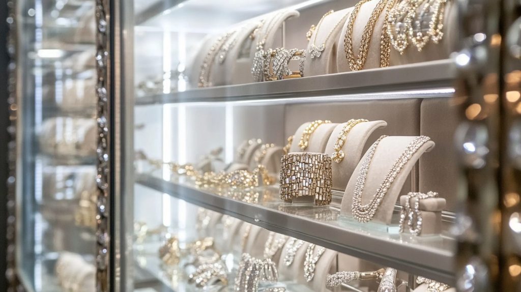 Jewelry displayed inside a sleek glass display case-1