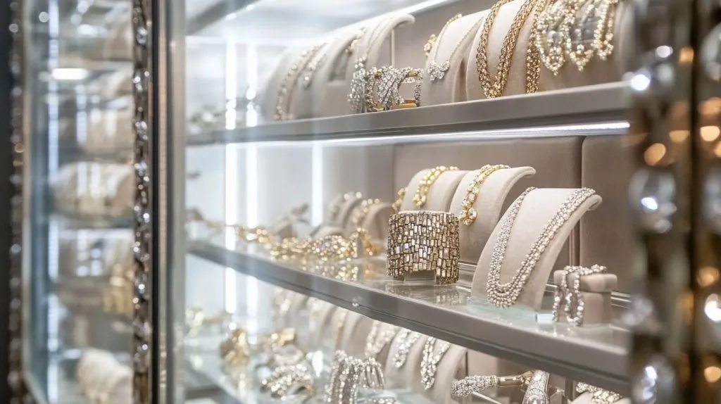 Jewelry displayed inside a sleek glass display case-1