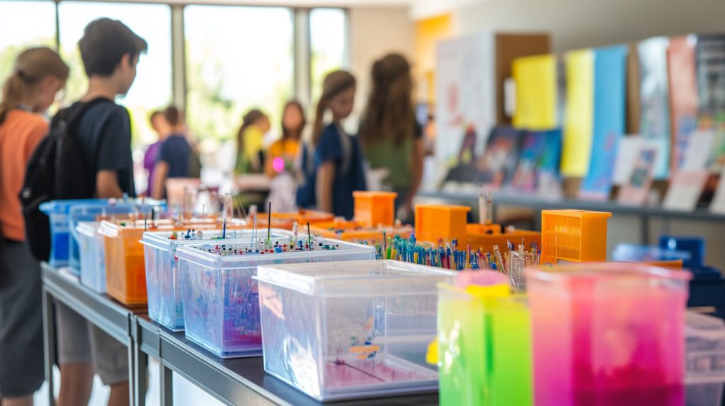 Plastic display boxes on a school exhibition table-7