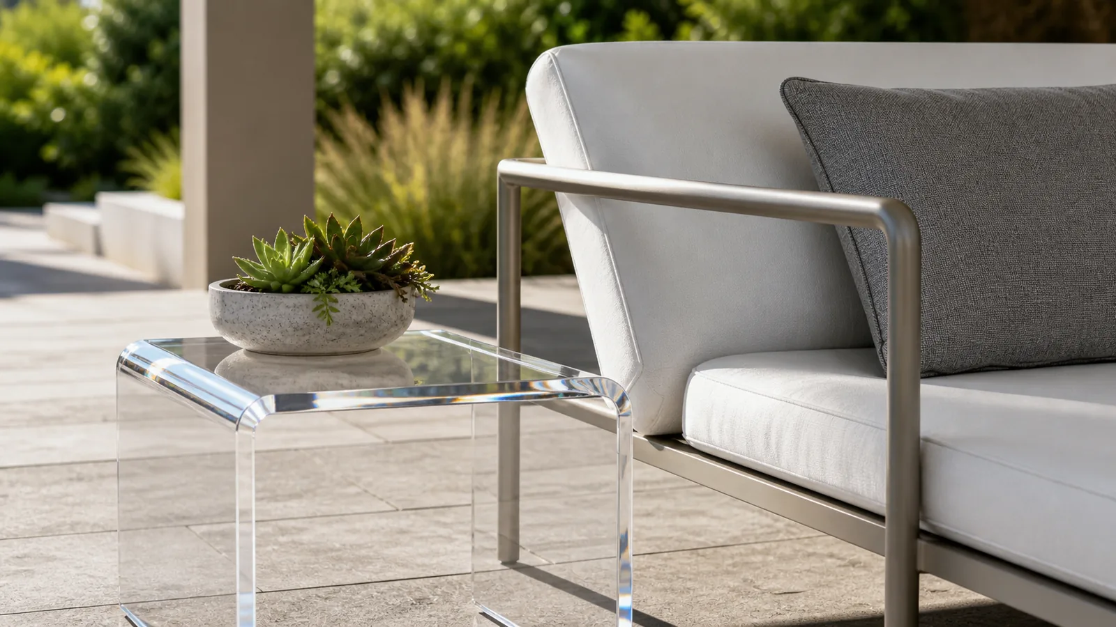 Clear acrylic outdoor furniture accent with polished edges