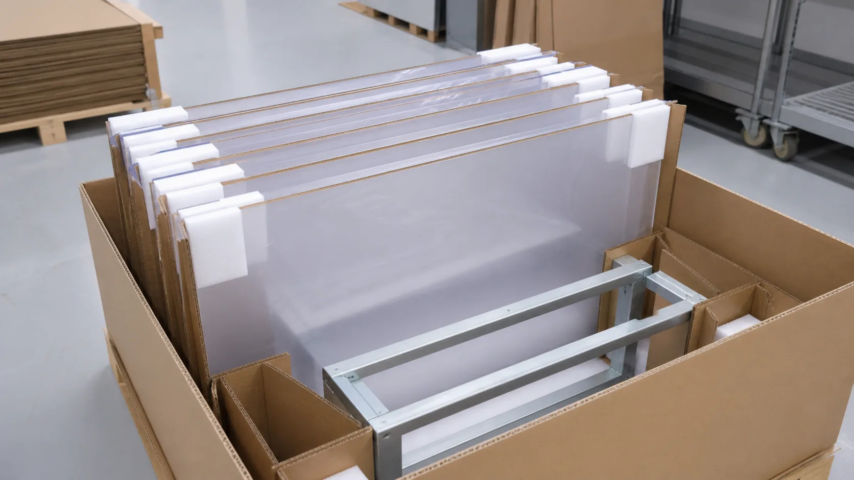 Clear acrylic furniture components protected for export packing