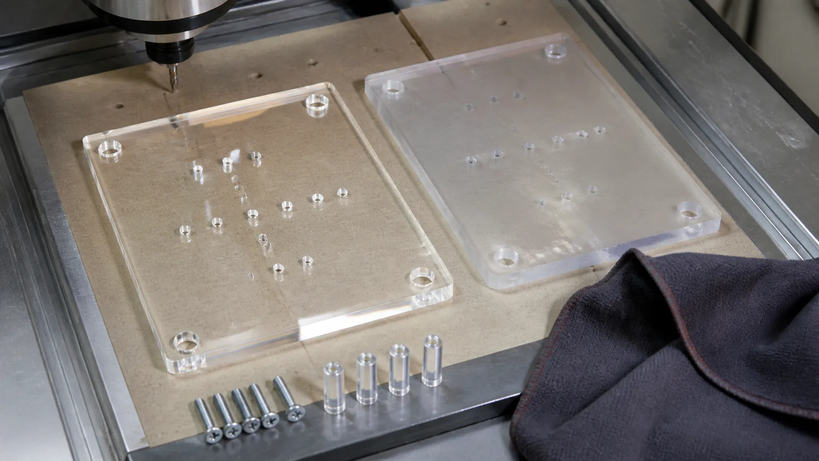 Clear plastic panels and fasteners reviewed during precision fabrication
