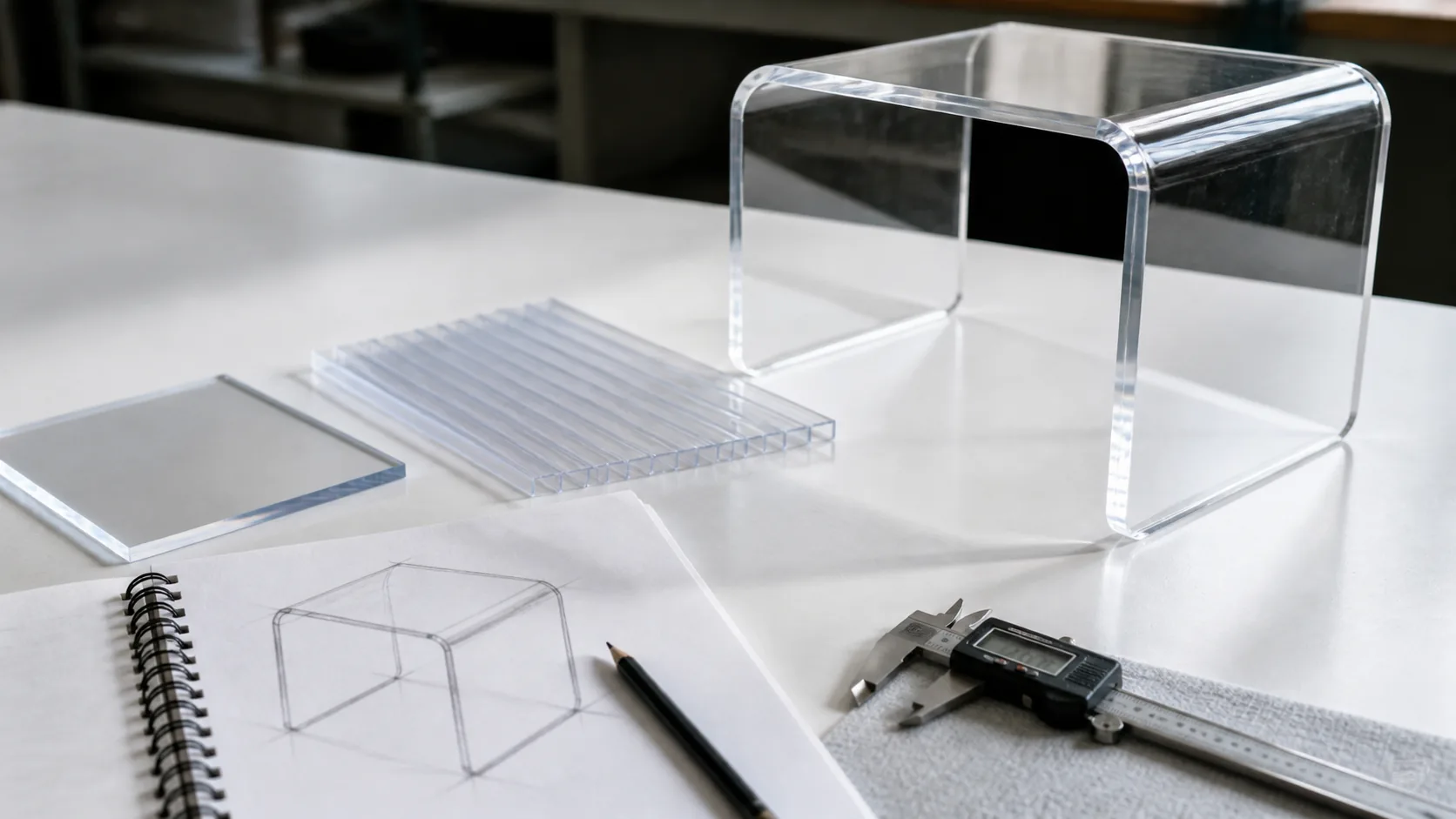 Transparent material samples reviewed beside a custom furniture component