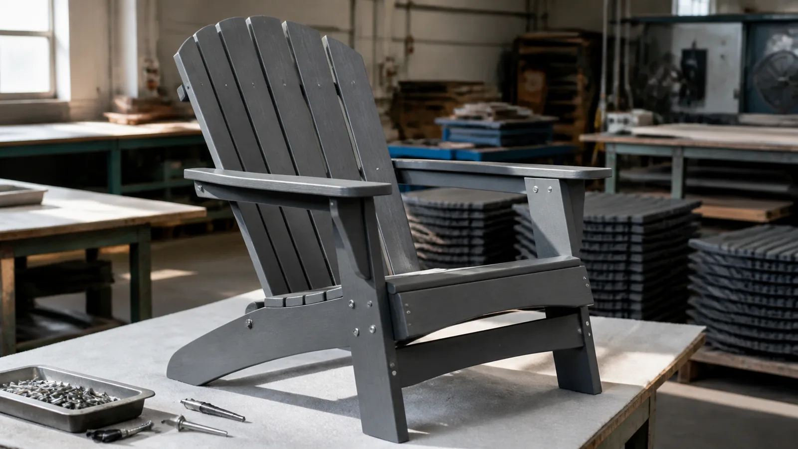 UV-stabilized HDPE outdoor chair inspected in a factory