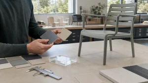 Outdoor furniture plastic material samples reviewed in a workshop