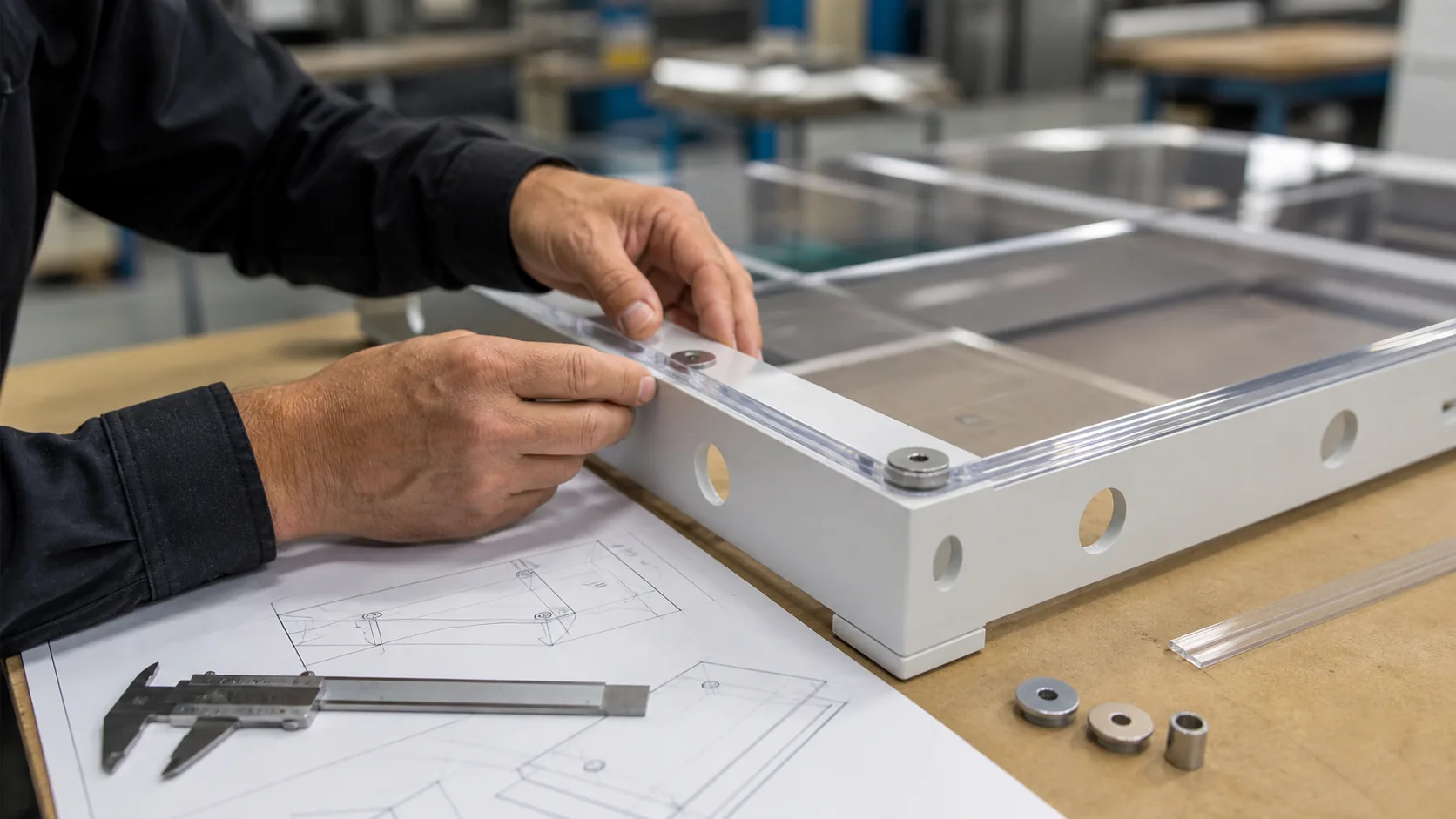 Custom clear furniture component checked with fasteners and caliper