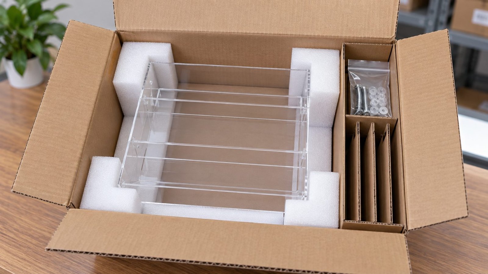 Custom acrylic display secured in an export carton with foam