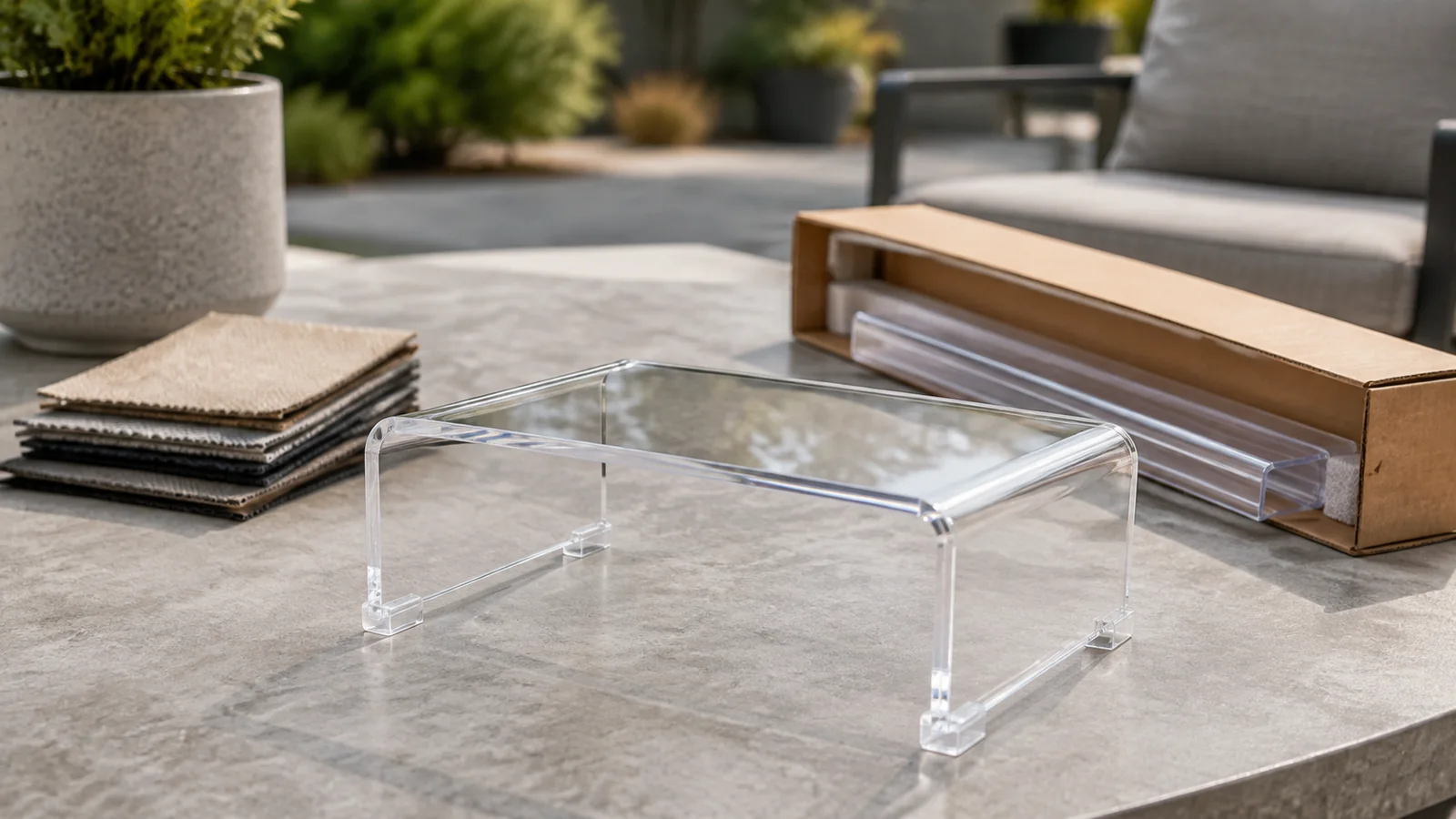 Finished clear acrylic outdoor furniture component with protective packing