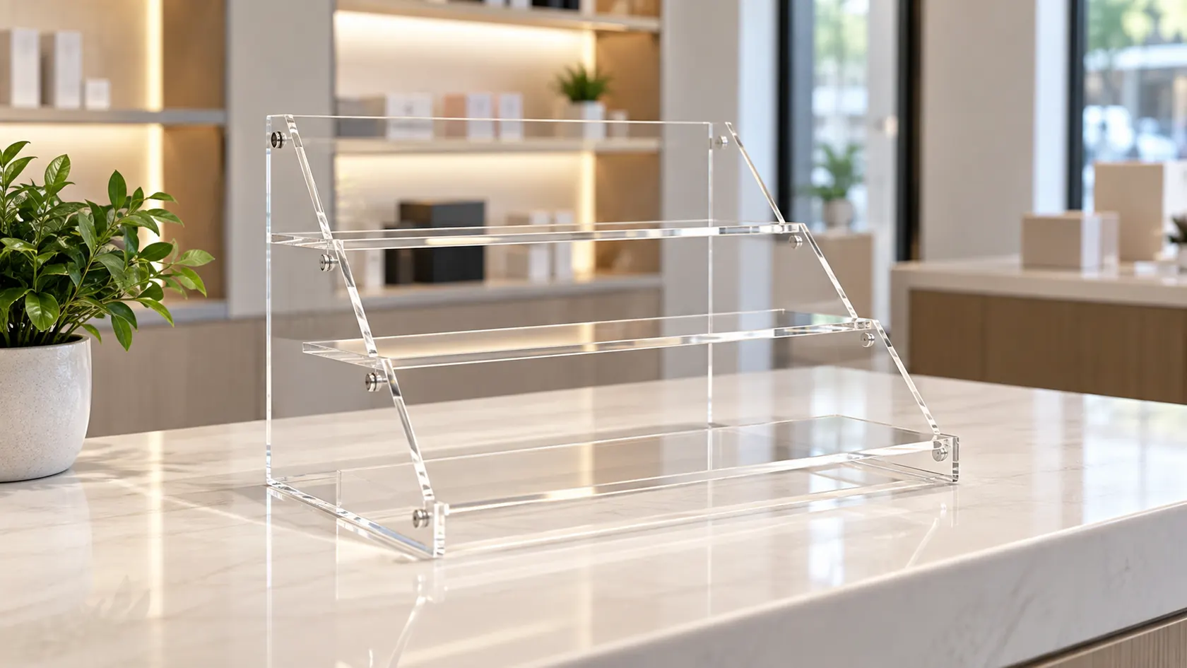 Finished clear acrylic multi-tier countertop display