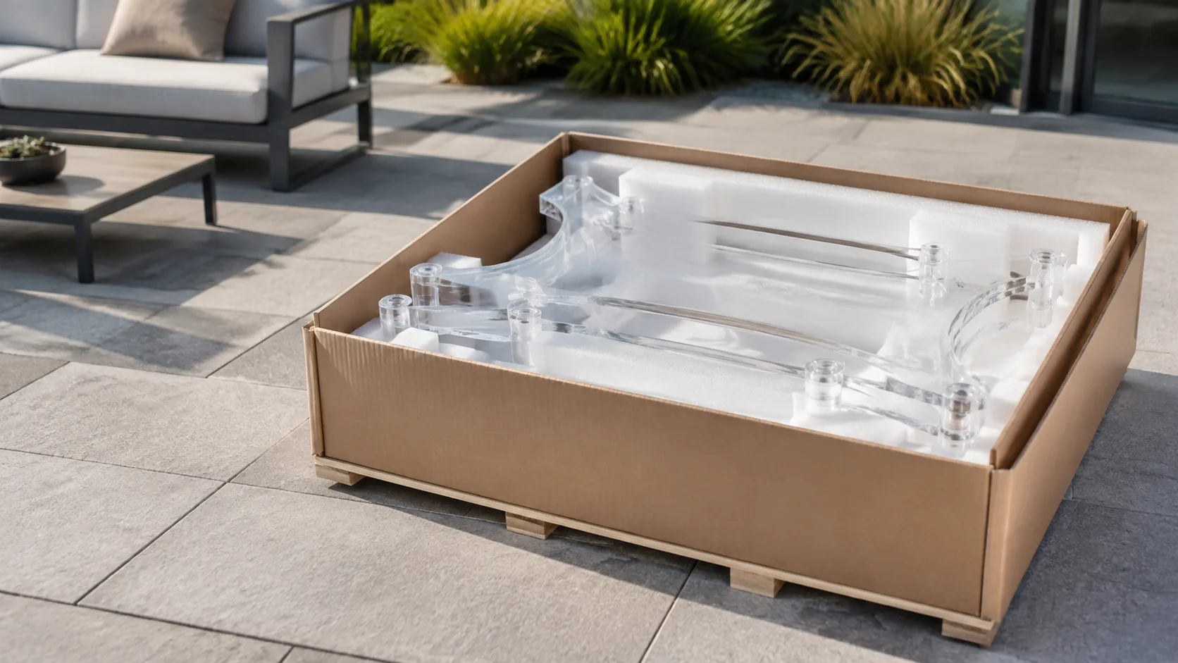 Clear acrylic furniture component protected for delivery